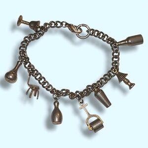 Vintage Cocktail Charm Bracelet Heavy Solid Metal Wine Glass Bottle Bar Chair 7"